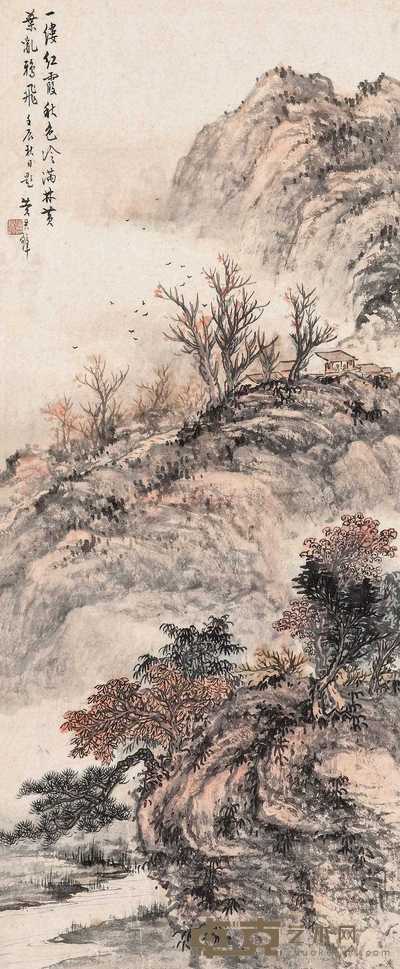 黄君璧 1952年作 秋林红叶 镜心 74.5×31cm